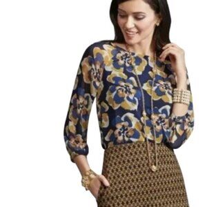 CAbi Blue and Gold Floral Blouse